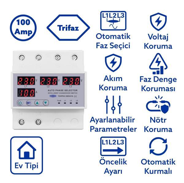 Tomzn Otomatik Faz Seçici Ve Yüksek Alçak Voltaj Akım Koruma Rölesi 220v 100A - Image 1