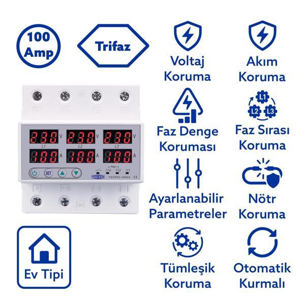 Tomzn Trifaz Gerilim ve Akım Koruma Rölesi Yüksek Alçak Voltaj Koruyucu Röle 220V 100A 3Faz - Image 1