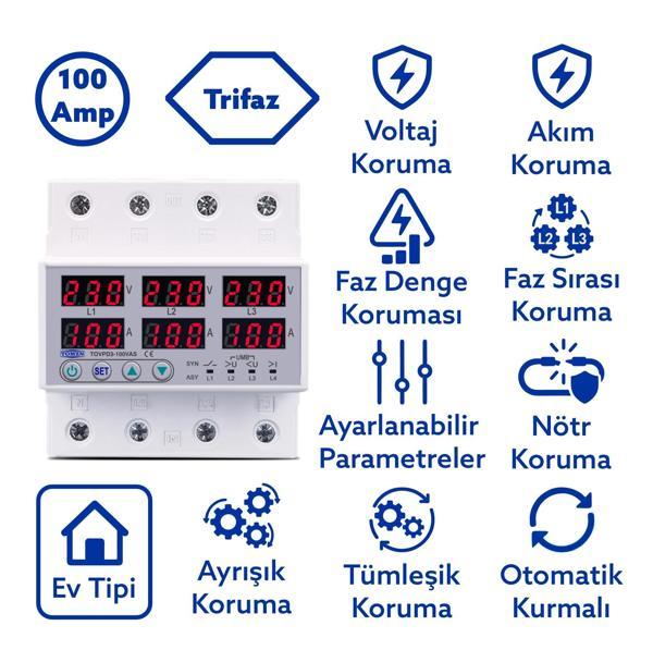 Tomzn Ayrışık Kontrollü Voltaj ve Akım Koruma Rölesi Gerilim Koruyucu 100A 3 Fazlı - Ev Tipi Trifaz - Image 1