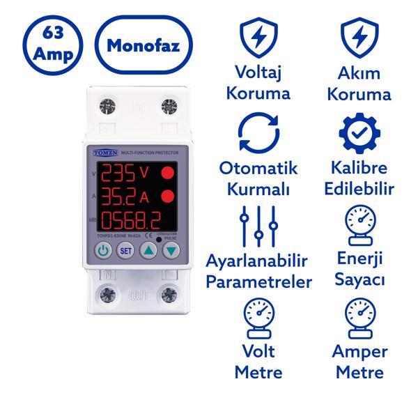 Tomzn Gerilim ve Akım Koruma Rölesi Yüksek Düşük Voltaj Akım Koruyucu 63A Enerji Ölçerli - Image 1