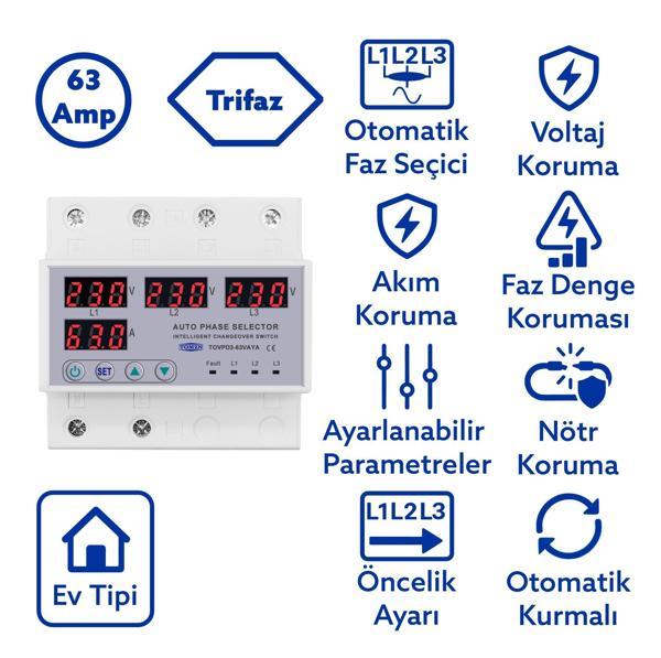 Tomzn Otomatik Faz Seçici ve Yüksek Alçak Voltaj Akım Koruma Rölesi 63A Dahili Kontaktör - Image 1