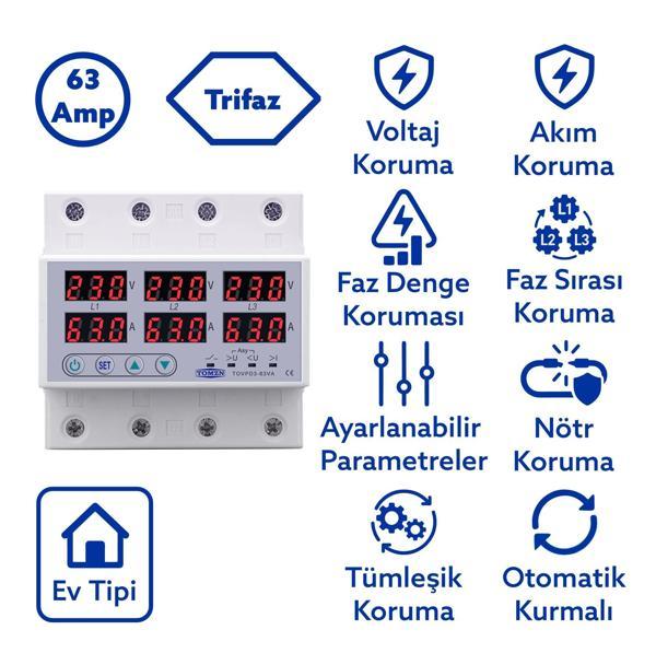 Tomzn Trifaz Gerilim ve Akım Koruma Rölesi Yüksek Alçak Voltaj Koruyucu Röle 63A 3 Fazlı - Ev Tipi - Image 1