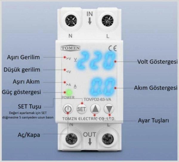 Tomzn Voltaj ve Akım Koruma Rölesi Yüksek Alçak Gerilim Akım Koruyucu 40A Yeni Tasarım - Image 1