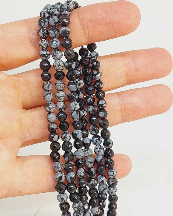Bileklik Boy Kar Tanesi Obsidyen Taşı Yarım Dizi Faset Kesim 4-4.5mm Aralığı (18CM UZUNLUĞUNDADIR) - Image 1