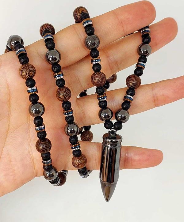 Hematit - Lav Taşı & Venge Ağacı Tasarım Unisex Kolye (44350) - Image 1