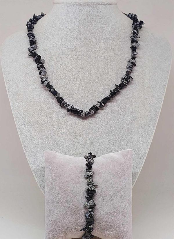 Kar Tanesi Obsidyen Taşı Küçük Taşlar Kolye & Bileklik Seti (52262) - Image 1