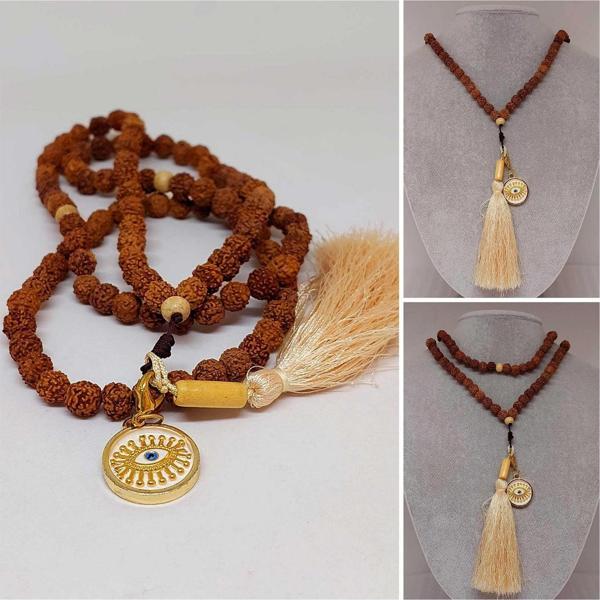 Rudraksha Tohumlu Krem Püsküllü Göz Aparatlı 108'lik Tibet Stili el Yapımı Mala Kolye - Image 1