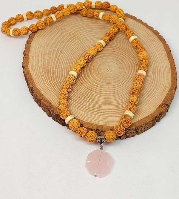Pembe Kuvars Taşlı Rudraksha Tohum Kolye Dolama Bileklik 8mm (49732) - Image 1