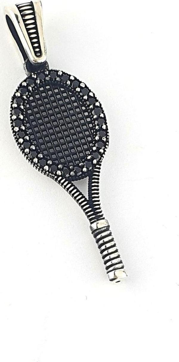 Oniks Taş Detaylı 925Ayar Gümüş Tasarım Tenis Raketi Kolye Ucu - Image 1