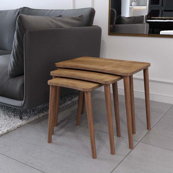 Enda Home 3'lü Ahşap Ayaklı Zigon, Salon Sehpa Seti Ceviz - Image 1
