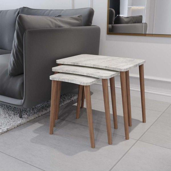 Enda Home 3'lü Ahşap Ayaklı Zigon, Salon Sehpa Seti Kristal - Image 1