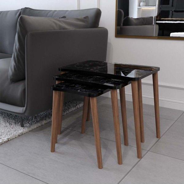Enda Home 3'lü Ahşap Ayaklı Zigon, Salon Sehpa Seti Siyah Mermer - Image 1