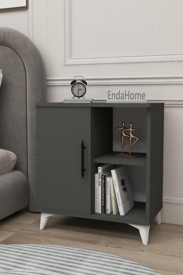 Enda Home Kommen Kapaklı 2 Bölmeli Komodin Yan Sehpa Antrasit/Koyu Gri - Image 1
