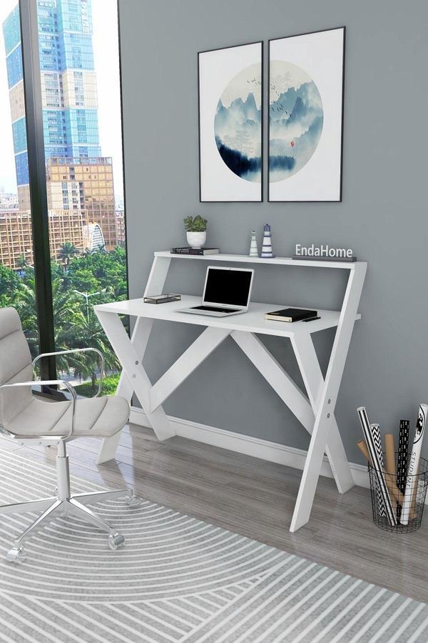 Enda Home X Ayaklı Raflı Ders Çalışma Masası 50x90 Cm Beyaz - Image 1