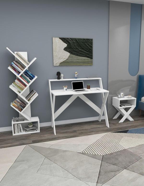 Enda Home X Çalışma Odası Seti Çalışma Masası Kitaplık Komodin Beyaz Çalışma Masası Kitaplık Seti - Image 1