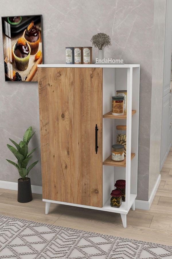 Enda Home 6 Raflı Kapaklı Çok Amaçlı Dolap Beyaz & Çam 97x65x32 cm - Image 1