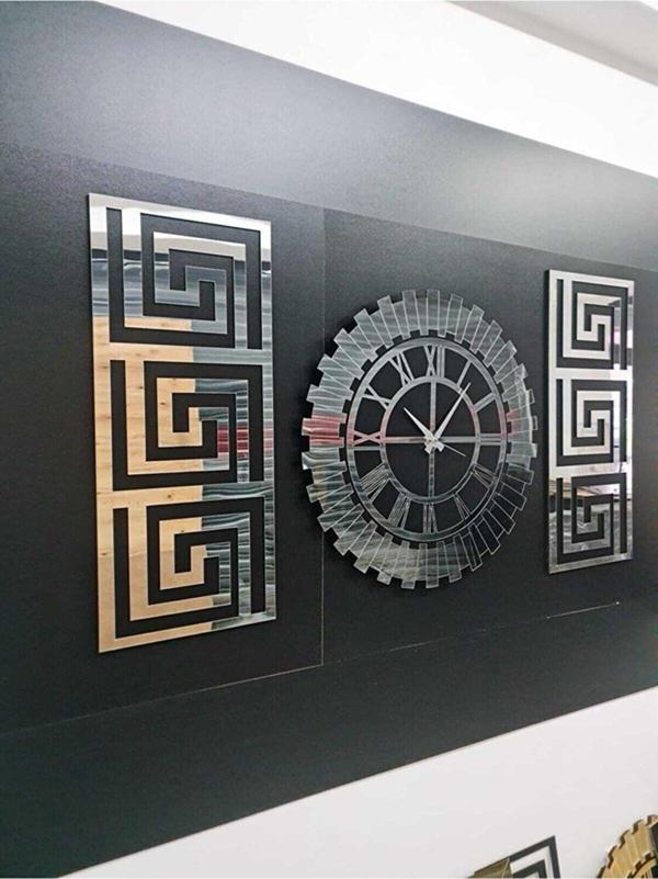 Eyka Store Dekoratif 3 Lü Set Pleksi Gümüş Aynalı Şık Duvar Saati Ve Dekoru - Image 1