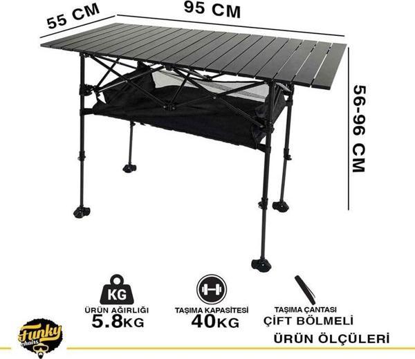 Caravan Class Katlanabilir Teleskopik Ayaklı Alüminyum Kamp Masası (95x55x68-96cm) Siyah - Image 1