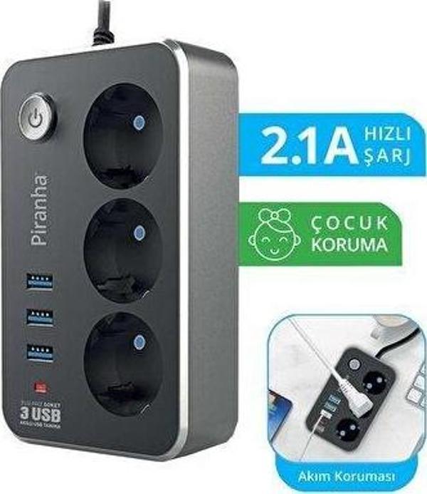 Piranha Akım Korumalı 3 USB'li Uzatma Kablosu  - Image 1