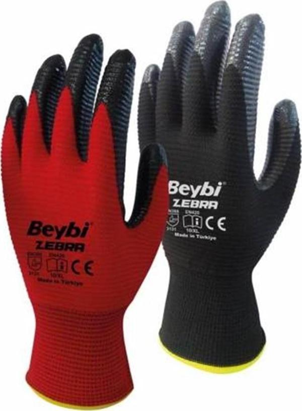 Nitril Poly Pnzebra 10 Beden Kırmızı Siyah İş Eldiveni 12 Li Paket - Image 1