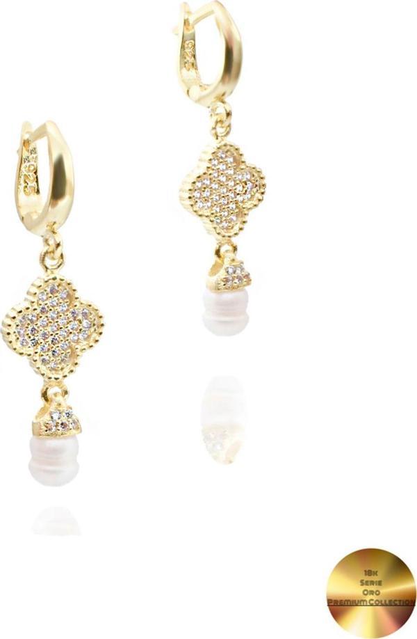 18k Serie Oro Sallantılı Hakiki İncili Yonca Gümüş Küpe - Image 1