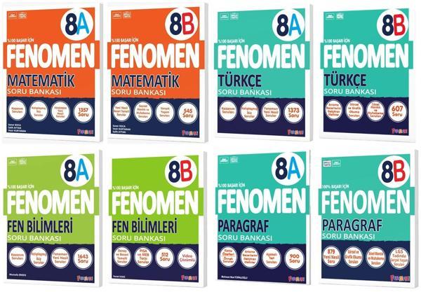 Fenomen Okul 2025 8. Sınıf Matematik + Türkçe + Fen + Paragraf A + B Serisi Soru Bankası Seti 8 Kitap - Image 1