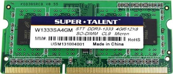 Super Talent w1333sa4gm DDR3-1333 SODIMM 4GB/512Mx64 CL9 Notebook Bellek - Image 1