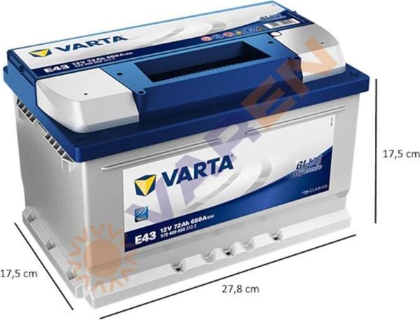 Varta Akü 12V 72  Ah Amper E43 (Ford-Opel Alçak Tip)  - Image 1