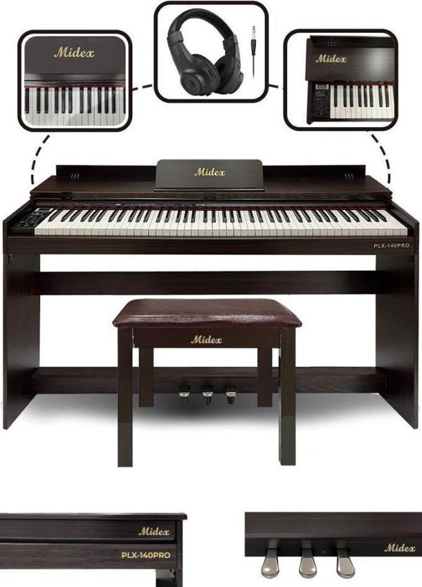 Midex PLX-140 PRO-SR Dijital Piyano Bluetooth Tuş Hassasiyeti 88 Tuşlu Kapaklı (Kulaklık ve Tabure) - Image 1