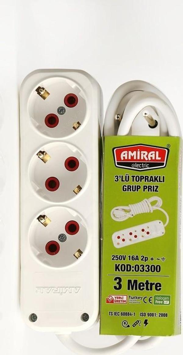 3 lü Topraklı 3 Metre Kablolu Grup Priz - Image 1