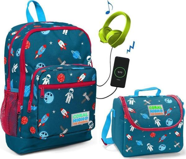 Coral High Astronot Baskılı Okul Çantası ve Beslenme Çantası Seti - Erkek Çocuk - USB Soketli - Image 1