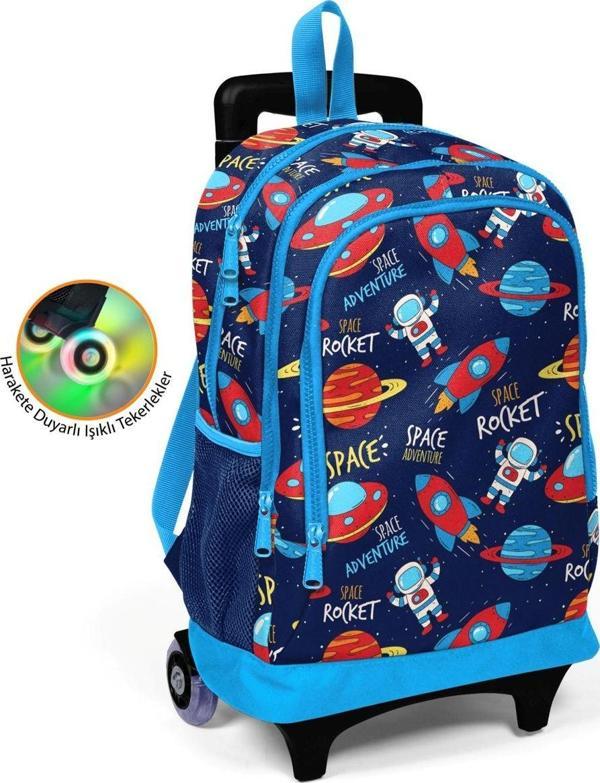 Coral High Astronot ve Uzay Baskılı Çekçek Okul Çantası - Işıklı Tekerlekler - Image 1
