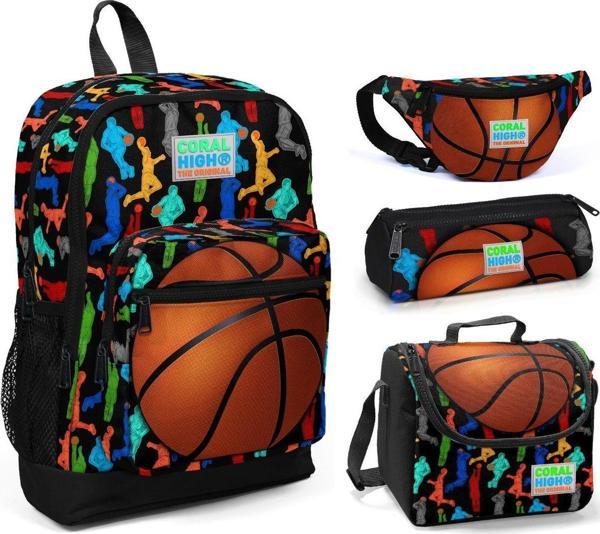 Coral High Basketbol Baskılı Erkek Çocuk 4'lü İlkokul Çanta Seti - Image 1