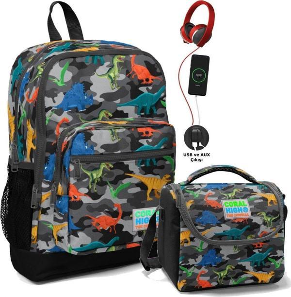Coral High Baskılı Erkek Çocuk Okul Çanta Seti Gri Yeşil Dinazor Kamuflaj - Image 1