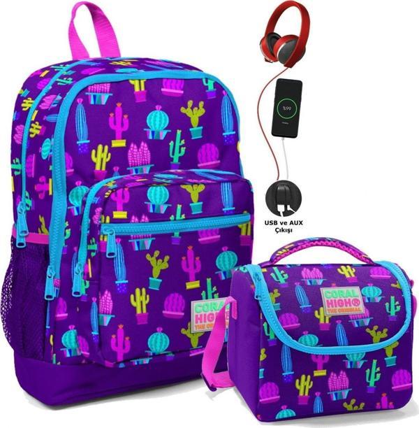 Coral High Baskılı Okul Çantası ve Beslenme Çantası Seti - Kız Çocuk Mor Kaktüs - USB Soketli - Image 1