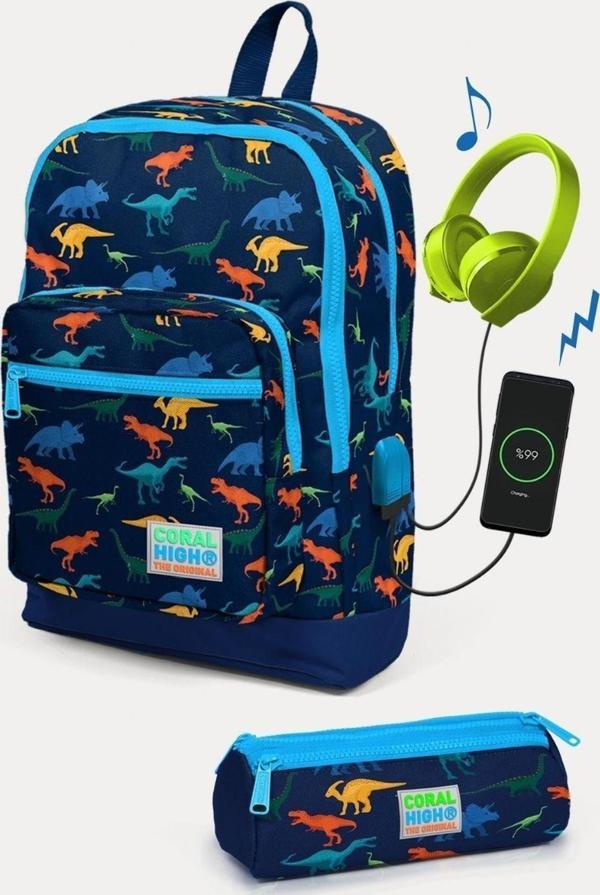 Coral High CoCoral High Kids Lacivert Dinazor Desenli USB'li 2'li Okul Çanta Seti - Erkek Çocuk - Image 1