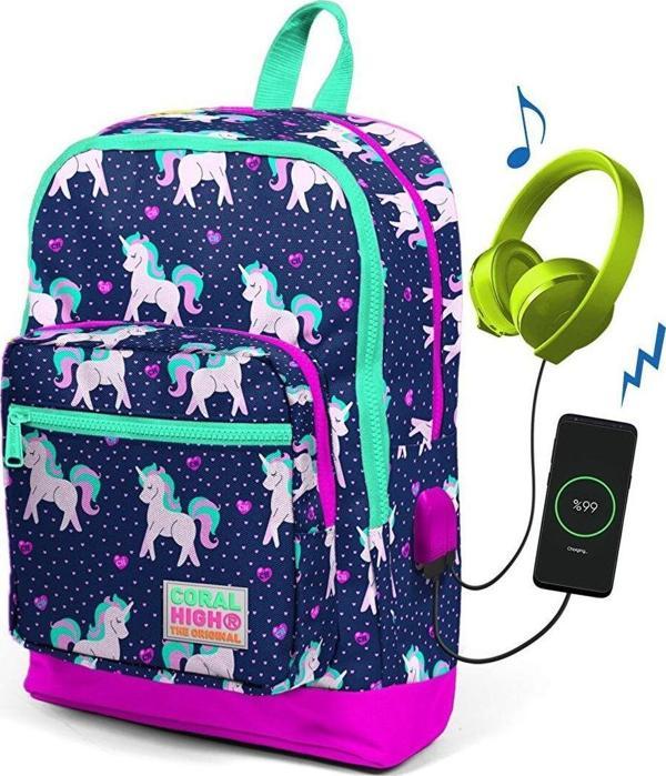 Coral High Çocuk Lacivert Unicorn Usb Şarjlı Kulaklık Çıkışlı Okul Sırt Çantası - Image 1