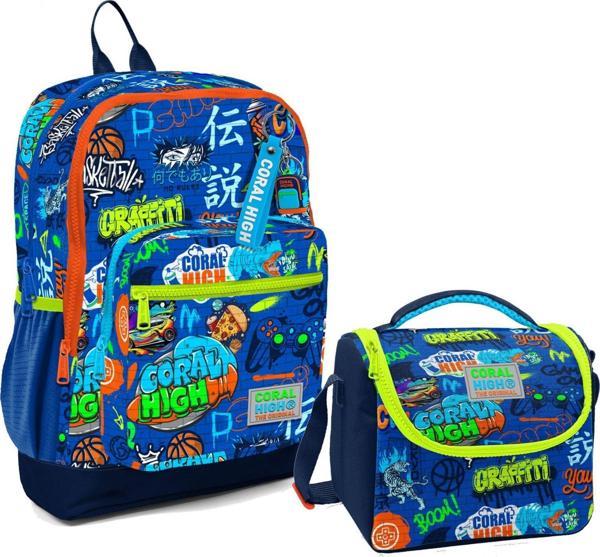 Coral High Dört Bölmeli Erkek Çocuk Okul Sırt Çantası ve Beslenme Seti - Saks Grafiti - Image 1