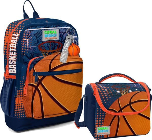 Coral High Dört Bölmeli Erkek Çocuk Okul Sırt Çantası ve Beslenme Seti - Turuncu Lacivert Basketbol - Image 1