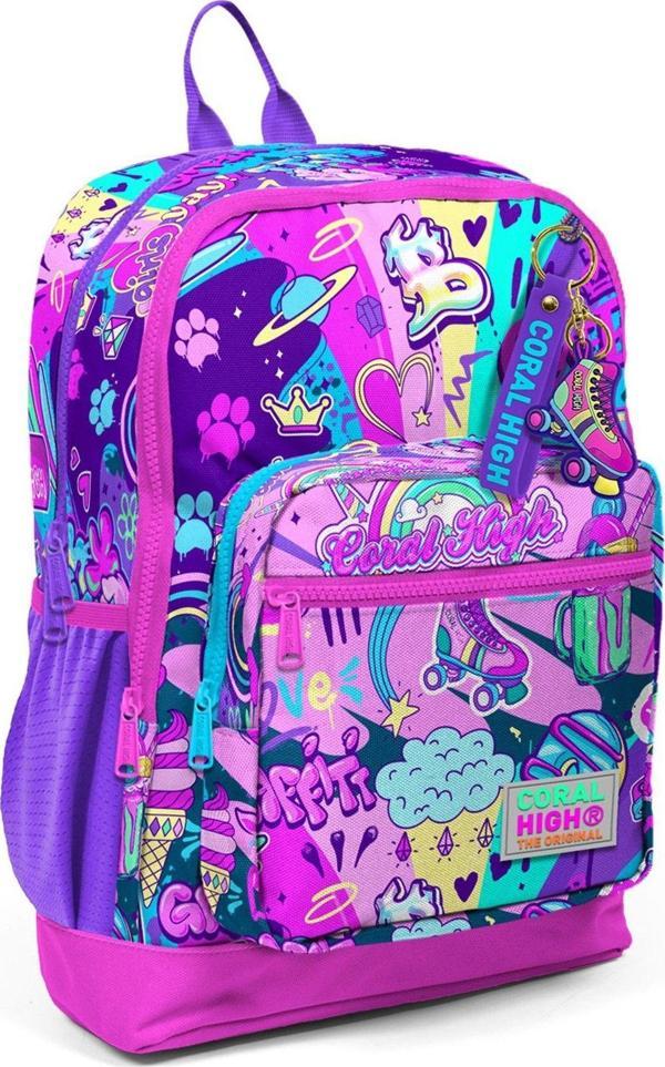 Coral High Dört Bölmeli Grafiti Desenli İlkokul Sırt Çantası - Kız Çocuk - Image 1
