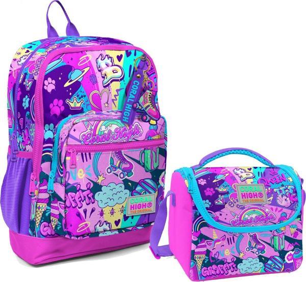 Coral High Dört Bölmeli Kız Çocuk Okul Sırt Çantası ve Beslenme Seti - Grafiti - Image 1