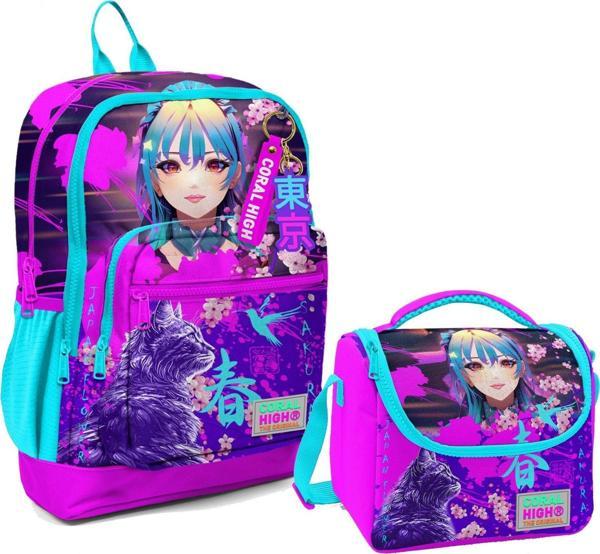 Coral High Dört Bölmeli Kız Çocuk Okul Sırt Çantası ve Beslenme Seti - Mor Pembe Anime Kedi - Image 1