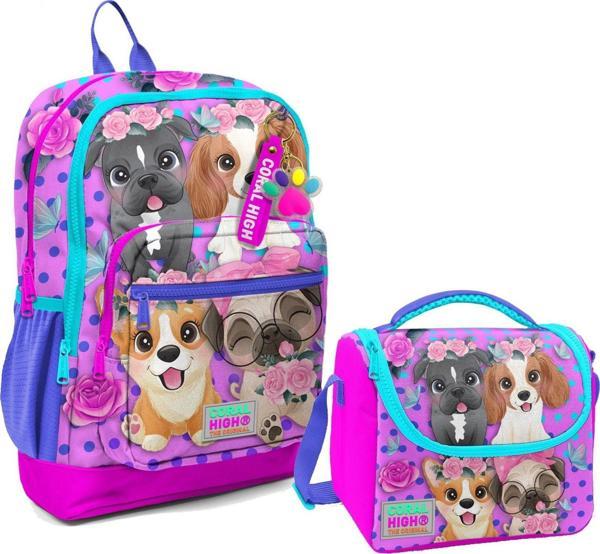 Coral High Dört Bölmeli Kız Çocuk Okul Sırt Çantası ve Beslenme Seti - Pembe Köpek - Image 1