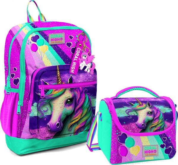 Coral High Dört Bölmeli Kız Çocuk Okul Sırt Çantası ve Beslenme Seti - Pembe Su Yeşili Unicorn - Image 1