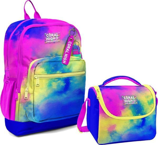 Coral High Dört Bölmeli Kız Çocuk Okul Sırt Çantası ve Beslenme Seti - Renkli Batik - Image 1