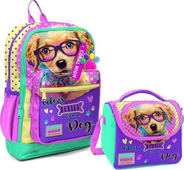 Coral High Dört Bölmeli Kız Çocuk Okul Sırt Çantası ve Beslenme Seti - Sarı Pembe Sevimli Köpek - Image 1