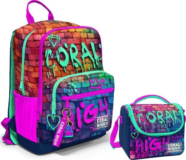 Coral High Dört Bölmeli Ortaokul Çantası ve Beslenme Çantası Seti - Pembe Lacivert Grafiti - Erkek Çocuk - Image 1