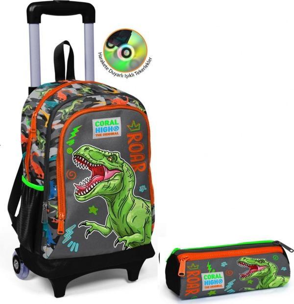 Coral High Erkek Çocuk Gri Dinazor Tekerlekli Okul Çantası ve Kalemlik Seti - Image 1