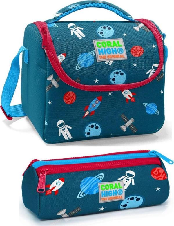 Coral High Erkek Çocuk Lacivert Kırmızı Astronot Beslenme Çantası Seti - Image 1