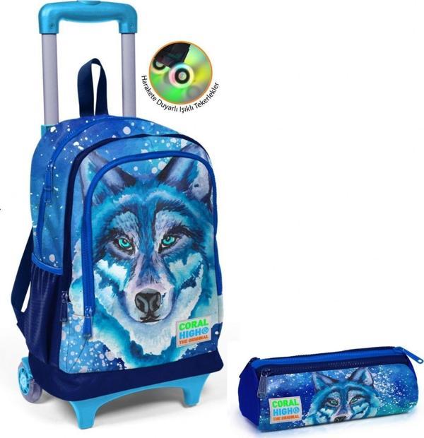 Coral High Erkek Çocuk Mavi Kurt Tekerlekli Okul Çantası ve Kalemlik Seti - Image 1